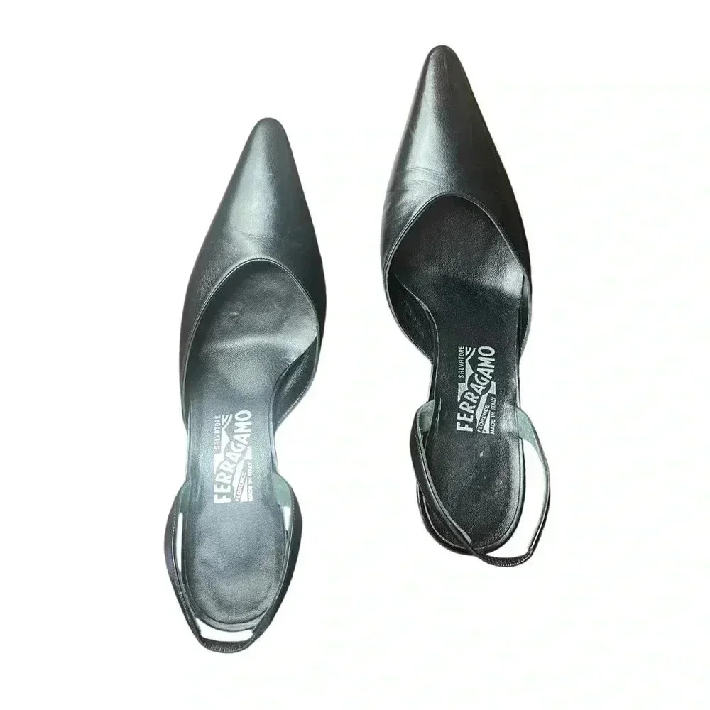 Ferragamo Black Leather Pointed Sling Backs Size 10 EUC